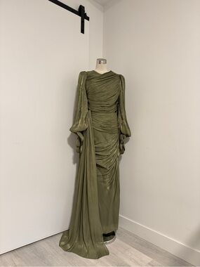 Olive Green Draped Evening Dress with Bow Detail